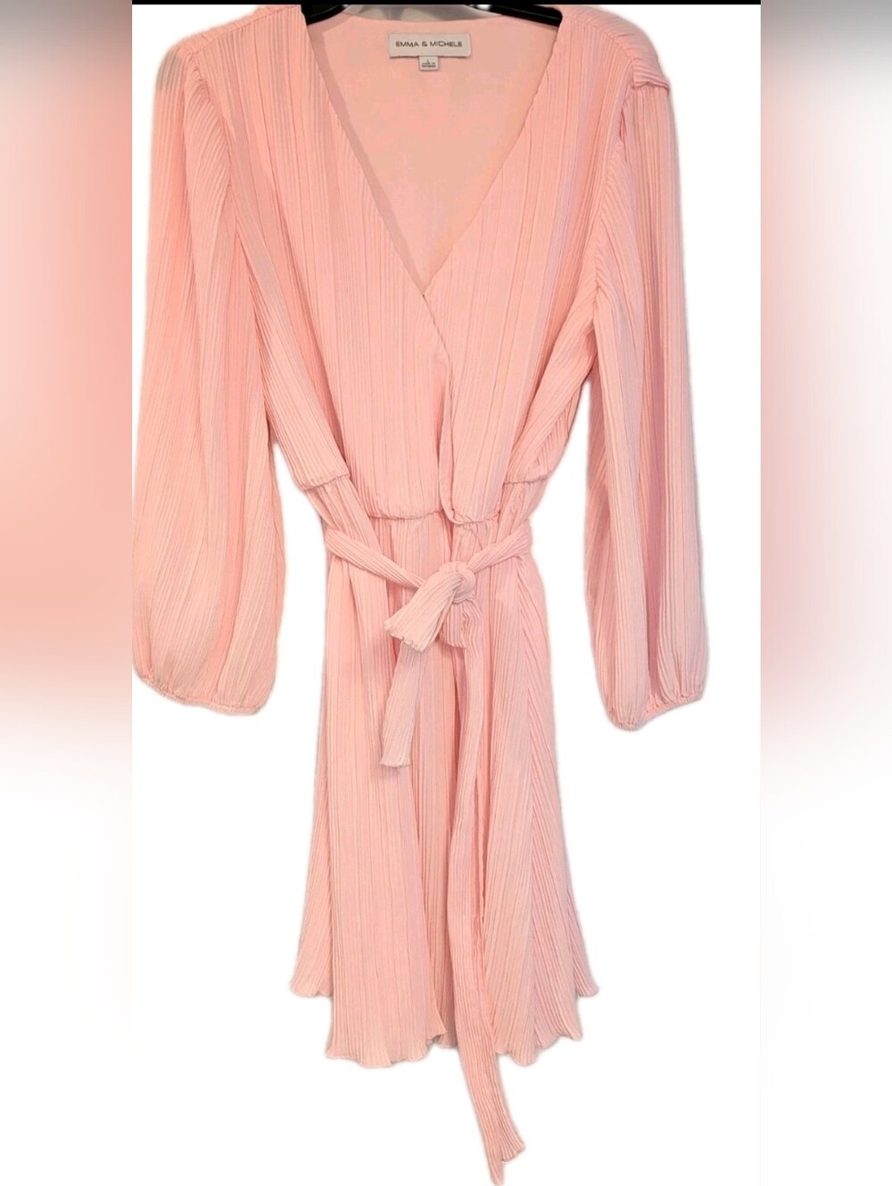 NWT, Pink, Long Sleeve, Pleated, Belted, V-neck, Knee Length Dress -Ladies Large